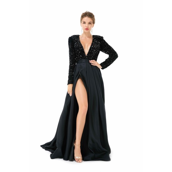 Elegant Long sleeve Deep V-neck Dark green Evening Dress | Ballbella Real Shooting
