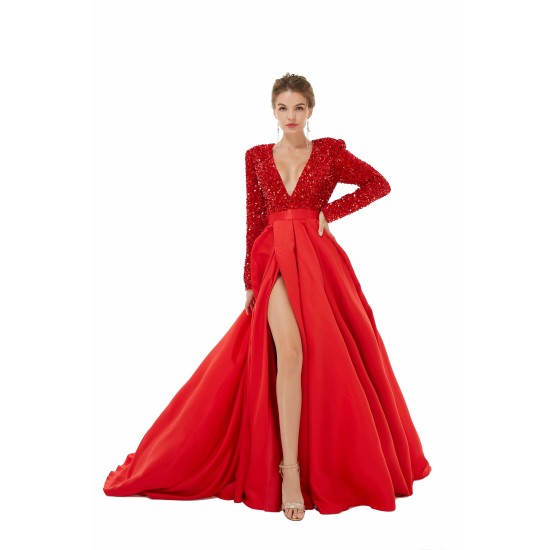 Elegant Long sleeve Deep V-neck Dark green Evening Dress | Ballbella Real Shooting
