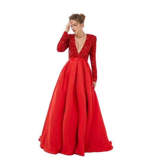 Elegant Long sleeve Deep V-neck Dark green Evening Dress | Ballbella Real Shooting