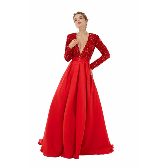 Elegant Long sleeve Deep V-neck Dark green Evening Dress | Ballbella Real Shooting