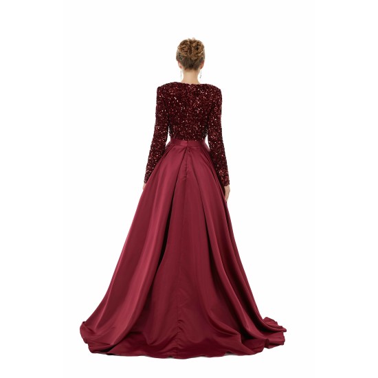 Elegant Long sleeve Deep V-neck Dark green Evening Dress | Ballbella Real Shooting