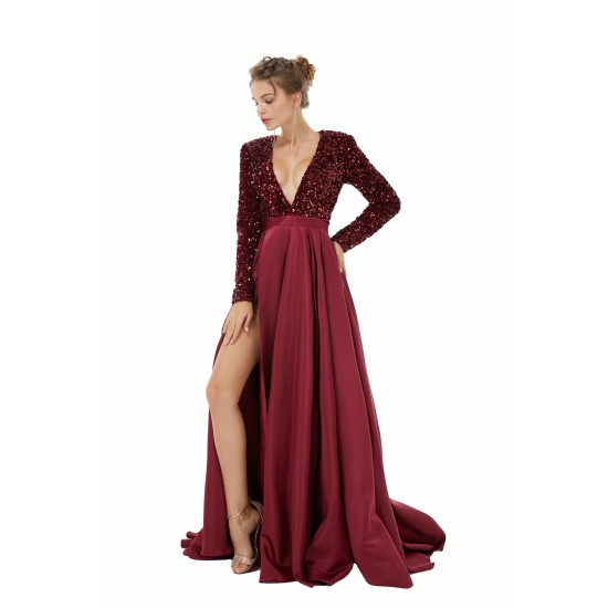 Elegant Long sleeve Deep V-neck Dark green Evening Dress | Ballbella Real Shooting