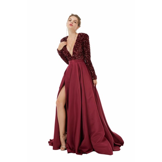 Elegant Long sleeve Deep V-neck Dark green Evening Dress | Ballbella Real Shooting