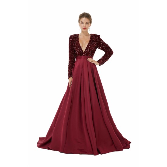 Elegant Long sleeve Deep V-neck Dark green Evening Dress | Ballbella Real Shooting