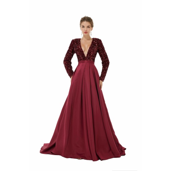 Elegant Long sleeve Deep V-neck Dark green Evening Dress | Ballbella Real Shooting