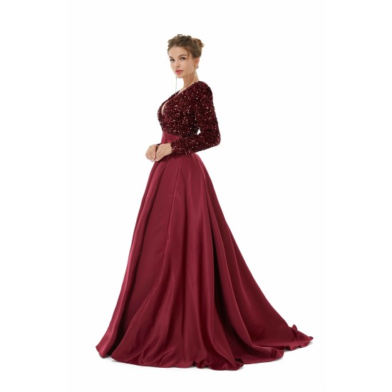 Elegant Long sleeve Deep V-neck Dark green Evening Dress | Ballbella Real Shooting