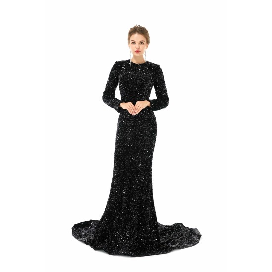 Elegant Long sleeve Sequin Evening Dress with Detachable Skirt | Ballbella Real Shooting