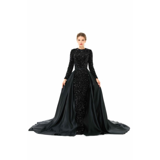 Elegant Long sleeve Sequin Evening Dress with Detachable Skirt | Ballbella Real Shooting