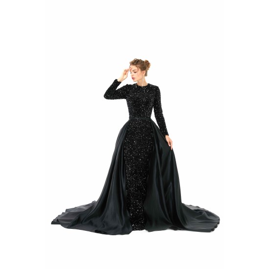 Elegant Long sleeve Sequin Evening Dress with Detachable Skirt | Ballbella Real Shooting
