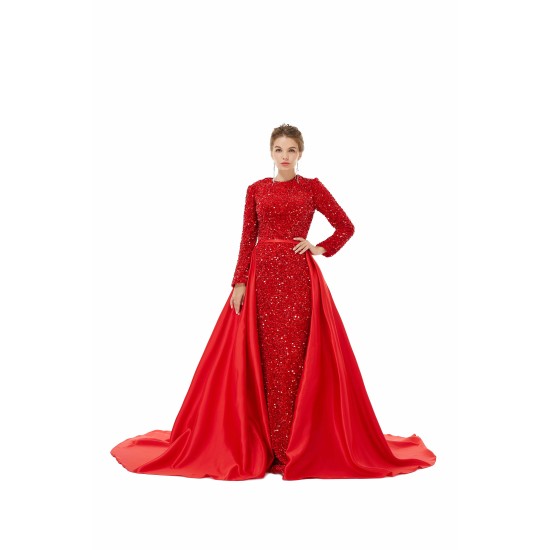 Elegant Long sleeve Sequin Evening Dress with Detachable Skirt | Ballbella Real Shooting
