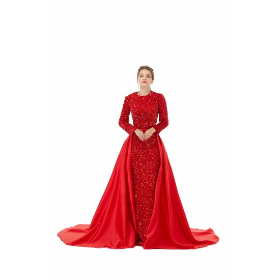 Elegant Long sleeve Sequin Evening Dress with Detachable Skirt | Ballbella Real Shooting