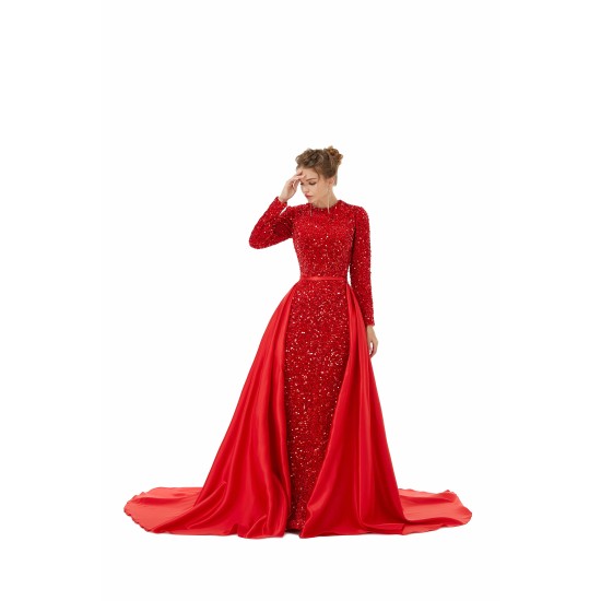 Elegant Long sleeve Sequin Evening Dress with Detachable Skirt | Ballbella Real Shooting