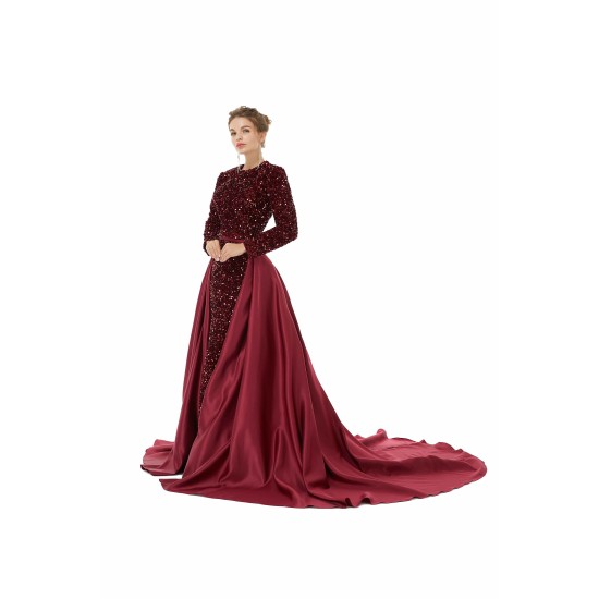 Elegant Long sleeve Sequin Evening Dress with Detachable Skirt | Ballbella Real Shooting