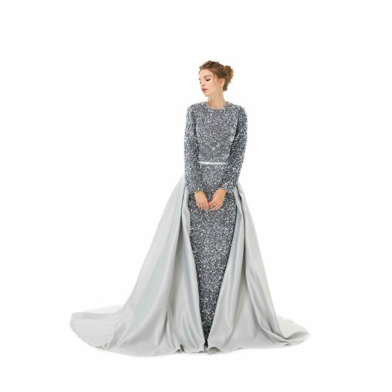 Elegant Long sleeve Sequin Evening Dress with Detachable Skirt | Ballbella Real Shooting