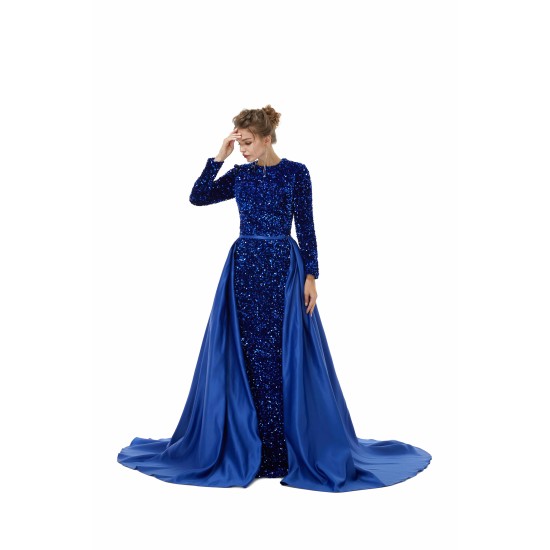 Elegant Long sleeve Sequin Evening Dress with Detachable Skirt | Ballbella Real Shooting