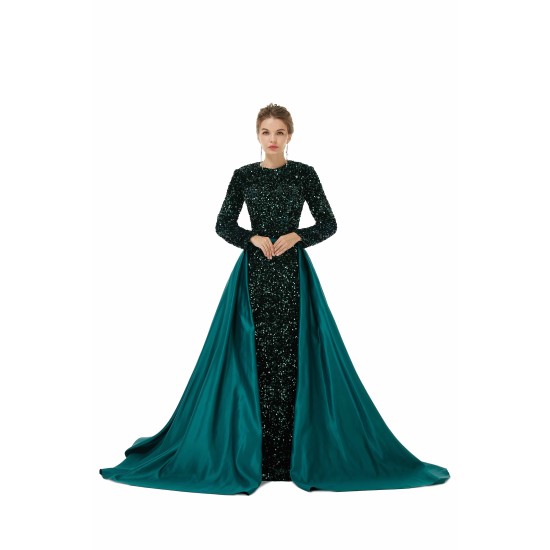 Elegant Long sleeve Sequin Evening Dress with Detachable Skirt | Ballbella Real Shooting
