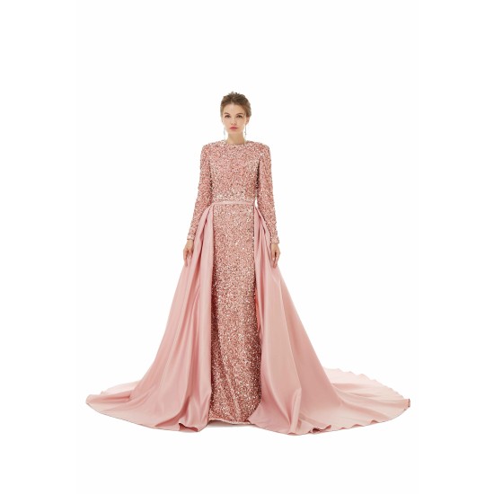 Elegant Long sleeve Sequin Evening Dress with Detachable Skirt | Ballbella Real Shooting