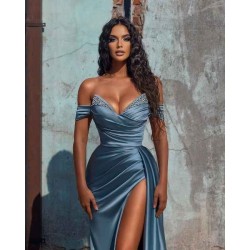 Sexy Dusty Blue Long Off-the-shoulder High Split Prom Dresses