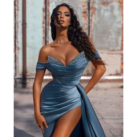 Sexy Dusty Blue Long Off-the-shoulder High Split Prom Dresses