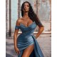Sexy Dusty Blue Long Off-the-shoulder High Split Prom Dresses