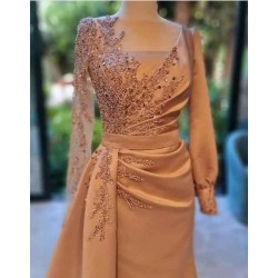 Elegant Long Sleeves Prom Dress Floral Evening Party Dress with Side Sweep Train