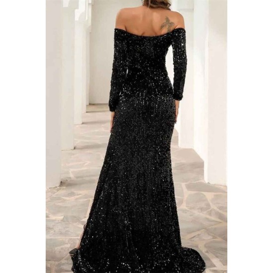 Stunning Off The Shoulder Black Prom Dress Sequined Front-Split Evening Gowns With Long Sleeves