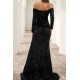 Stunning Off The Shoulder Black Prom Dress Sequined Front-Split Evening Gowns With Long Sleeves