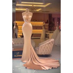 Chic Champagne Sleeveless Mermaid Prom Dresses Long Evening Gowns
