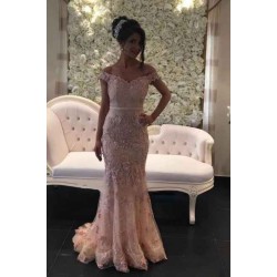 Glamorous Pink Off-the-shouder Prom Dresses Glitter Lace Mermaid Evening Gowns