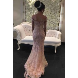 Glamorous Pink Off-the-shouder Prom Dresses Glitter Lace Mermaid Evening Gowns