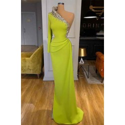Yellow Green Long Sleeves One Shoulder Prom Dress Mermaid With Beads