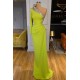 Yellow Green Long Sleeves One Shoulder Prom Dress Mermaid With Beads