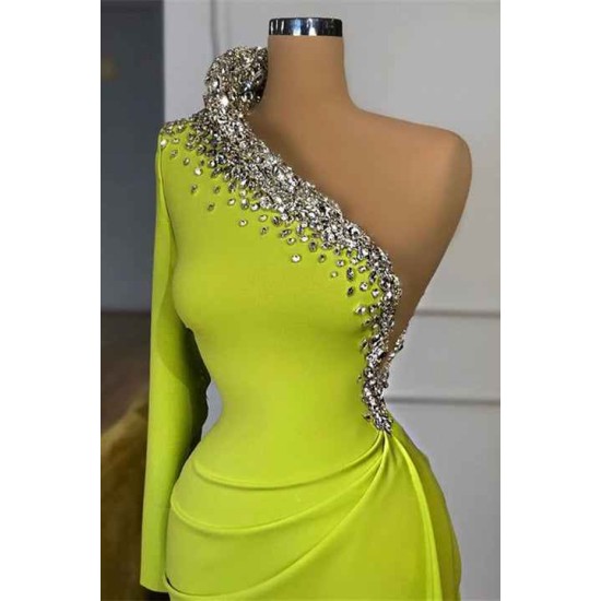 Yellow Green Long Sleeves One Shoulder Prom Dress Mermaid With Beads