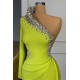 Yellow Green Long Sleeves One Shoulder Prom Dress Mermaid With Beads