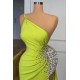 Yellow Green One Shoulder Mermaid Prom Dress Long Split With Beads