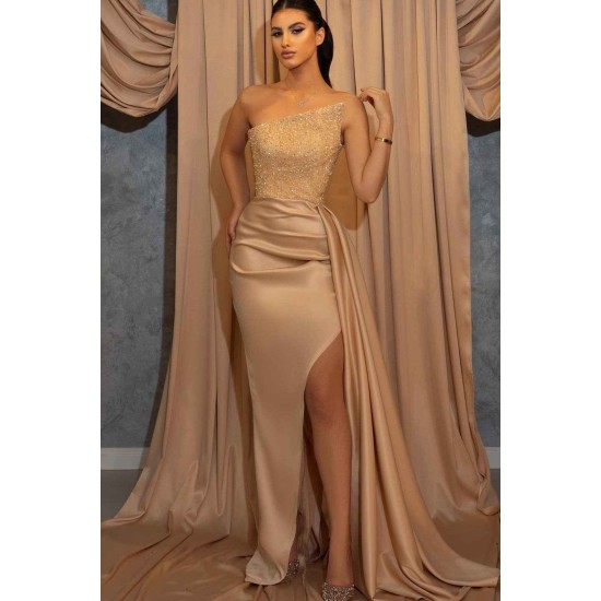 Elegant Strapless Champagne Mermaid Prom Dress Slit Long With Sequins Beads