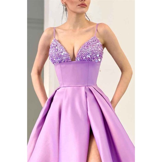 Lilac Spaghetti-Straps Sleeveless Prom Dress Split Long With Sequins