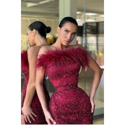 Burgundy Strapless Mermaid Prom Dress Slit With Sequins Beads Feather