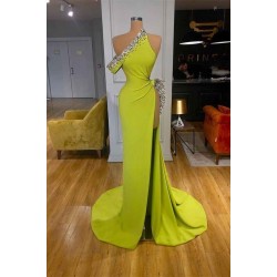 Yellow Green One Shoulder Mermaid Prom Dress Slit Long With Crystals