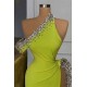 Yellow Green One Shoulder Mermaid Prom Dress Slit Long With Crystals