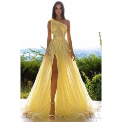 Glittering One Shoulder Daffodil Sequins Prom Dress Long Split Online