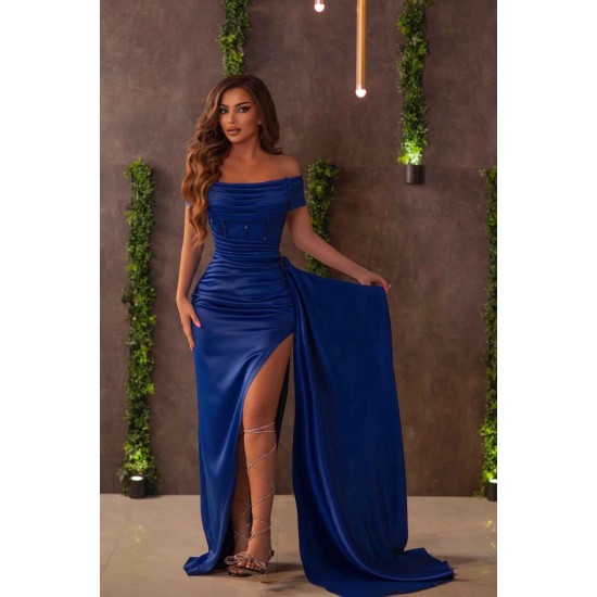 Off-the-Shoulder Royal Blue Prom Dress Mermaid Long With Slit Ruffles