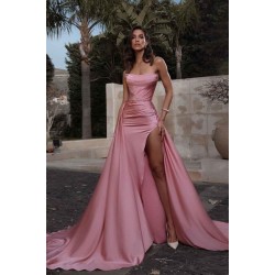 Dusty Pink Strapless Ruffles Mermaid Prom Dress Long With Slit