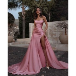 Dusty Pink Strapless Ruffles Mermaid Prom Dress Long With Slit