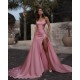 Dusty Pink Strapless Ruffles Mermaid Prom Dress Long With Slit