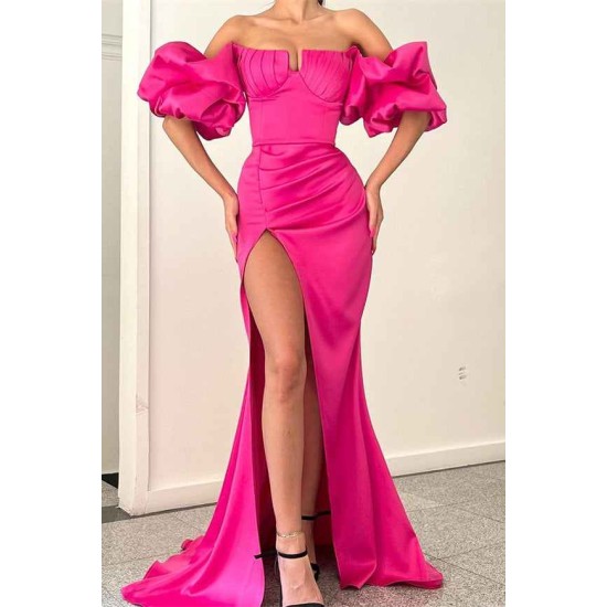 Fuchsia Off-the-shoulder Bubble Sleeves High split Long Mermaid Prom Dress