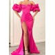 Fuchsia Off-the-shoulder Bubble Sleeves High split Long Mermaid Prom Dress
