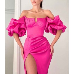 Fuchsia Off-the-shoulder Bubble Sleeves High split Long Mermaid Prom Dress