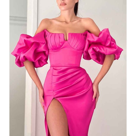 Fuchsia Off-the-shoulder Bubble Sleeves High split Long Mermaid Prom Dress