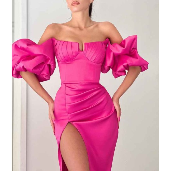 Fuchsia Off-the-shoulder Bubble Sleeves High split Long Mermaid Prom Dress